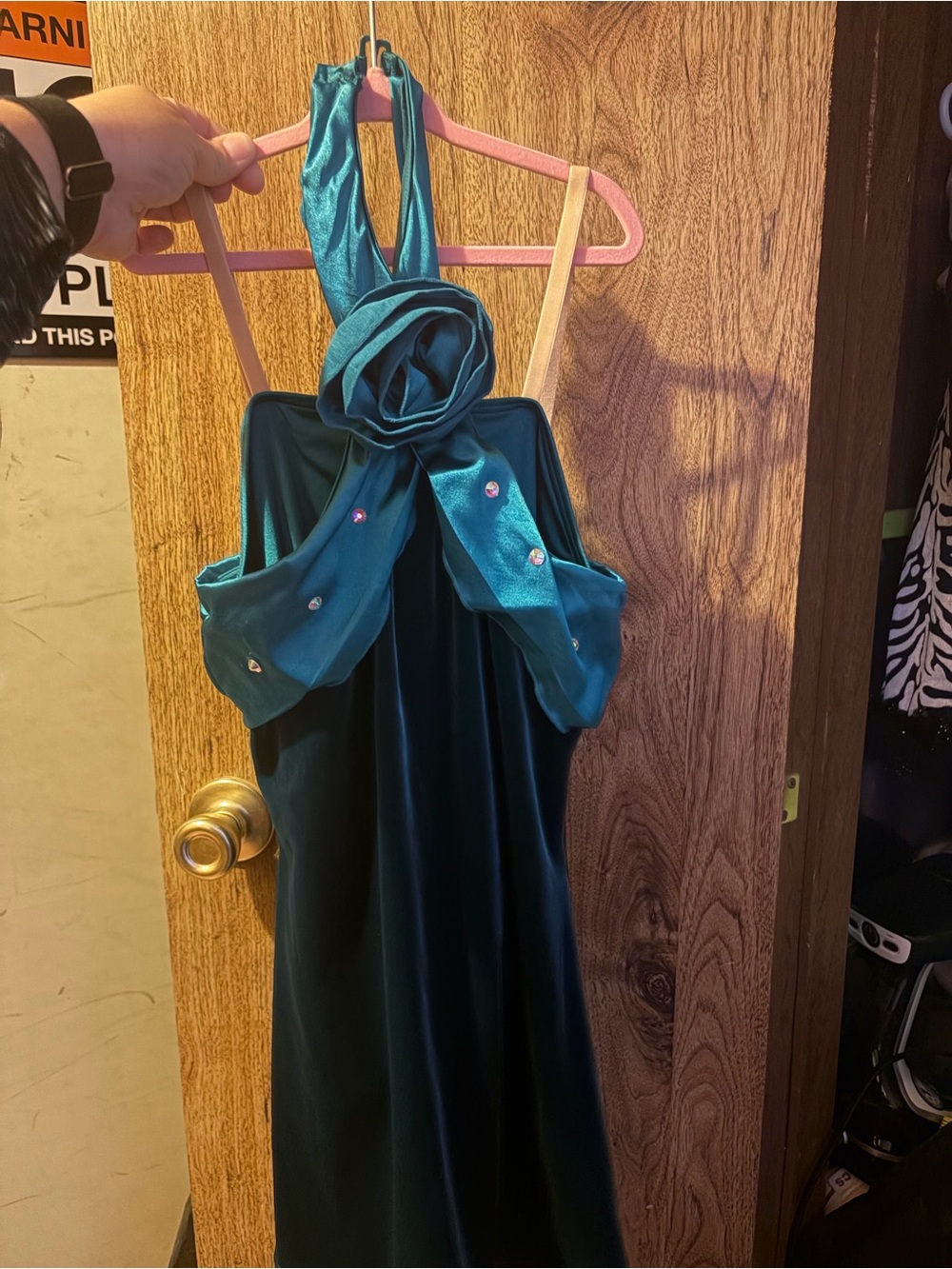 Weissman Emerald Green Satin  and Velvet Halter Evening Dress with Nude Straps